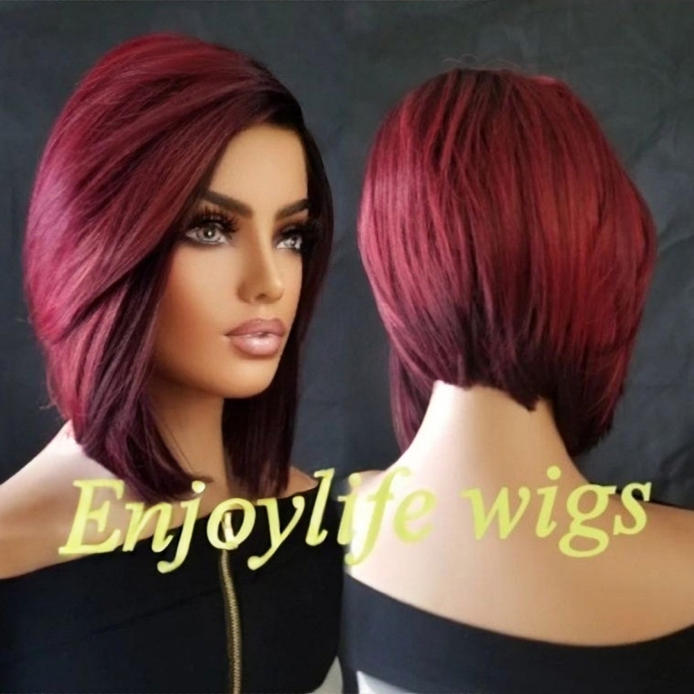 Sexy asymmetrical layered cut burgundy bob red dark root wig